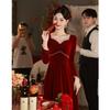 (Clear Goods) Burgundy Bridal Toast Engagement Dress Velvet Heavy Industry Wedding Dress Long Skirt