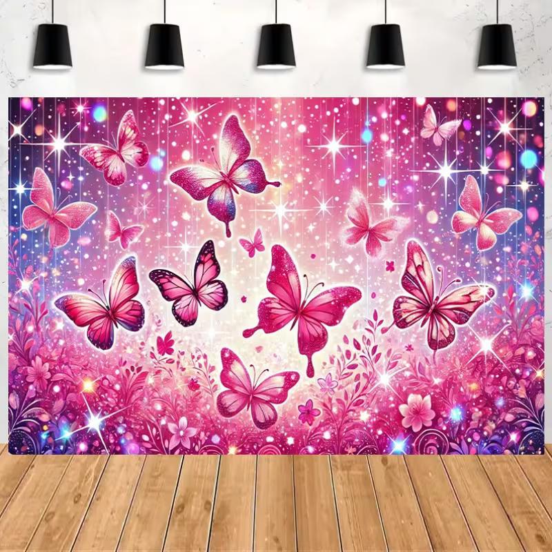 2D Pink Butterfly Themed Backdrop Sparkle Glitter Floral Party Decoration Banner