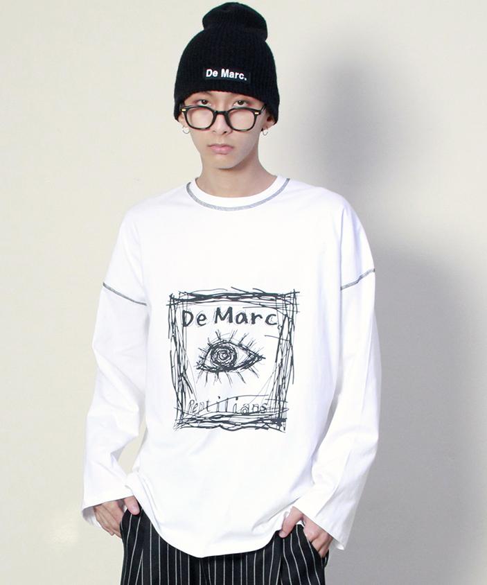 Deumakeu Square Graphic Stitch Long Sleeve T-Shirt White