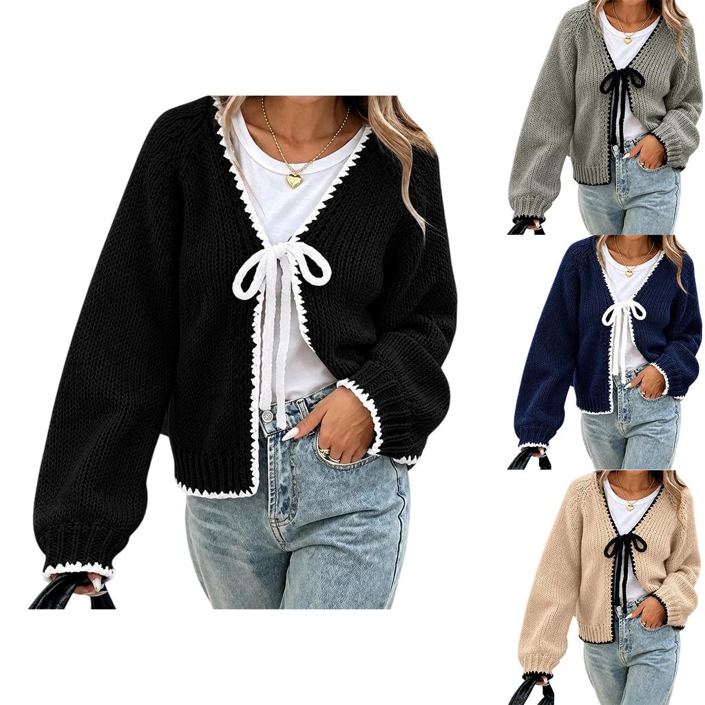 Women's Casual Loose Fit Knit Cardigan with Self-Tie Waist, Color Long Sleeve