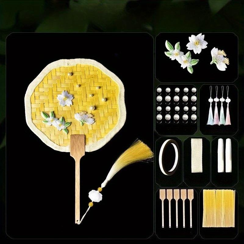 1Pc Handmade Bamboo Fan DIY Material Kit Chinese Elements Cattail Fan, Halloween Christmas Gift