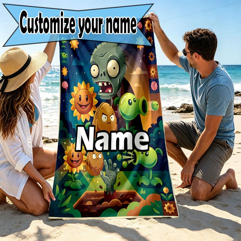 Custom Name Personalized Plants vs. Zombies Print Beach Towel, for Trip Camping Beach Party Home Decor, Birthday Gift for Family & Friends