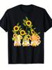 Retro Gnome And Sunflower Garden T-Shirt for Women And Unisex - Adorable Gnomes with Sunflower Design, Short Sleeve Crew Neck Casual Tee, Washable Sum