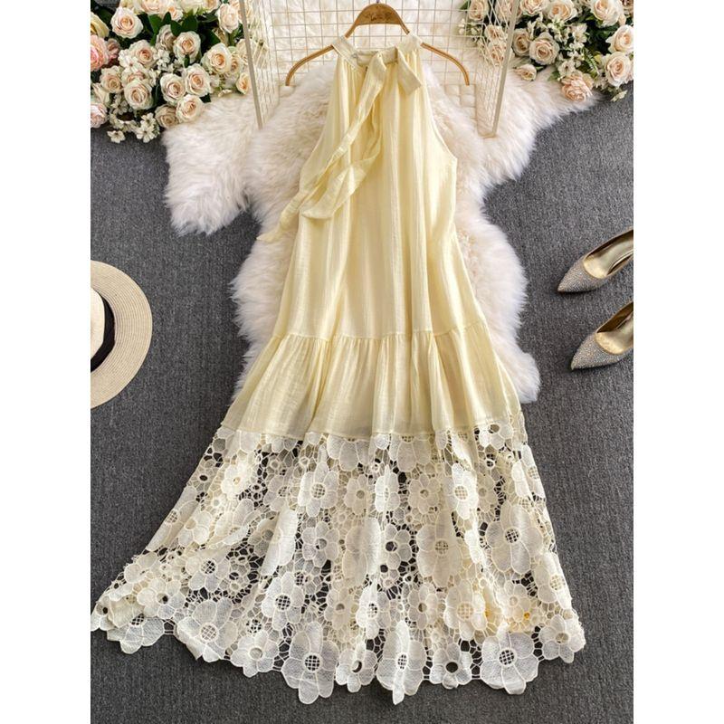 Vacation Style Long Dress Women's French Style Fancy Halterneck Skirt Summer Lace Hollow Dress Gentle A- line Skirt