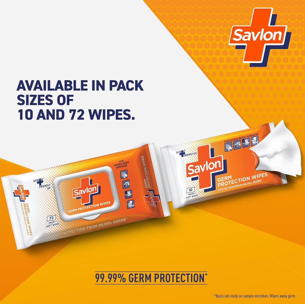 Savlon Germ Protection Wet Wipes Thick Soft 72 Wipes Pack of 2 for Hands Body Surfaces