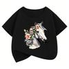 Fashion Horse with Flower Design TShirt Printed T Shirt Girls Summer Clothes Short Sleeve Tops TShirts Cute Girls Clothing