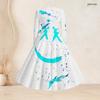 Women Plus Size Square Neck Long Sleeve Blue Pink White Printed A Line Dress With Belt