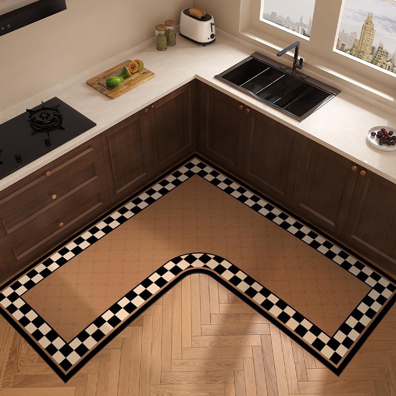 L-shaped Carpet for Kitchen Absorbent Non-slip Floor Mat Minimalist Retro Style Home Decoration Rug Oil Absorption Wipeable