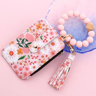 Fragmentovaný design Silikonový korálkový náramek Klíčenka PU kůže Boho styl Peněženka na zápěstí Klíčenka Korálkový detail Ozdoba s třásněmi