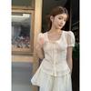 2026 Spring/Summer French Square Neck Short Sleeve Shirt & A-line Skirt Shorts Textured Fashion Set for Women