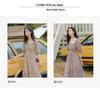 2023 Summer Korean Square Neck Floral Chiffon Dress - Ruched High Waist with Puff Sleeves