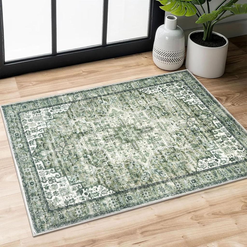 Green Non-Slip Washable Kitchen Runner, Vintage Boho Runners Printed Rug with Non-Shedding, Soft Medallion Floor Carpet for