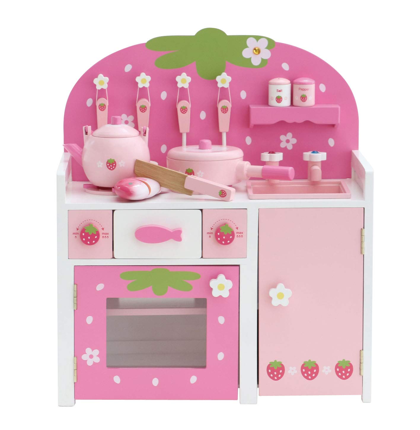 Mother Garden Wooden Play Kitchen Set: Wild Strawberry Grill Kitchen (Pink), 11 Accessories, Fully Assembled, 441-58106