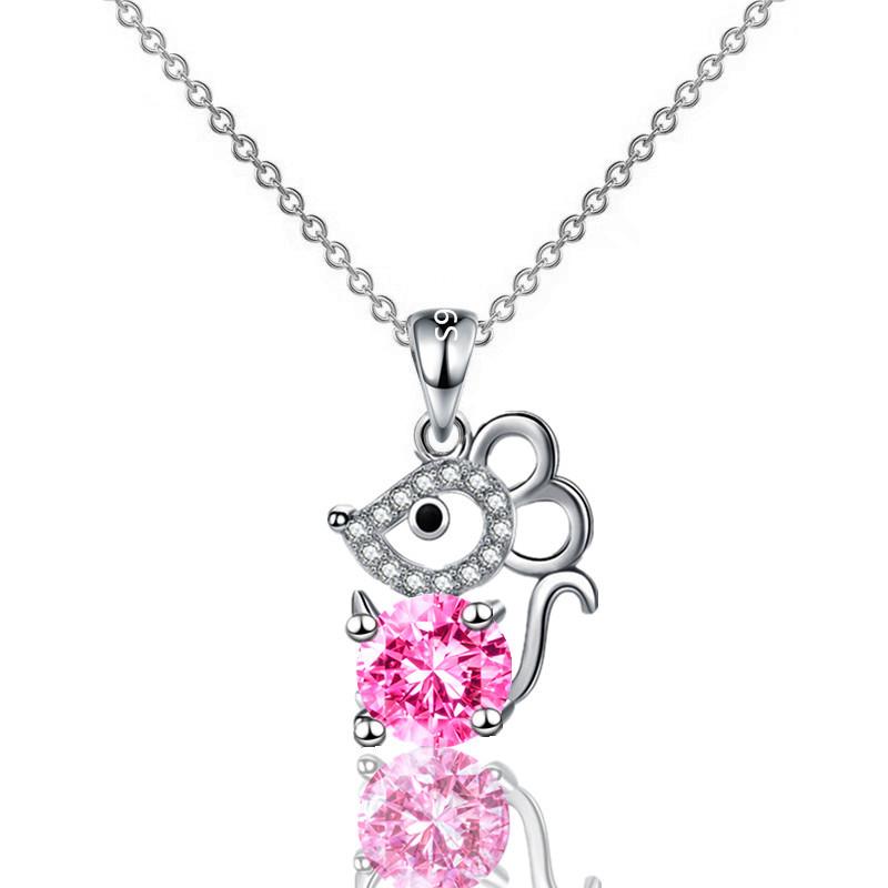 Aqua Blue Pink White Zircon Small Cat Pendant Cute Animal Necklaces For Women Trendy Silver Color Chain Necklace Wedding Jewelry