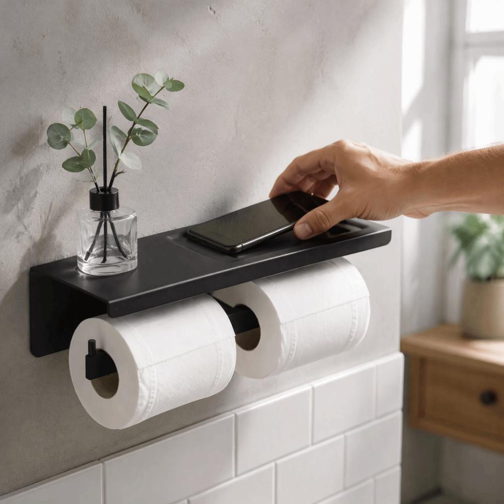 Waterproof Design Bathroom Tissue Holder Black Toilet Paper Storage Shelf Space Saving