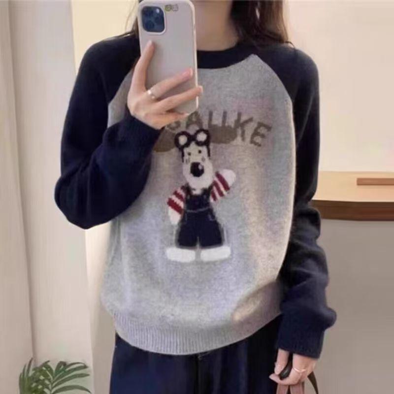 Herbst/Winter 2025 Alphabet Cartoon Koreanische Ausgabe Farbkontrastierende Locker Gestrickte Damenoberteil Rundhals-Pullover Unterhemd
