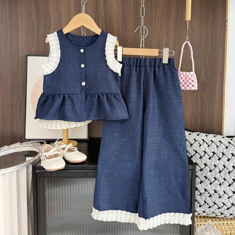 Korean Kids Clothes Girls Blue Imitation Denim Suit Summer Sleeveless Pants Two Piece Set