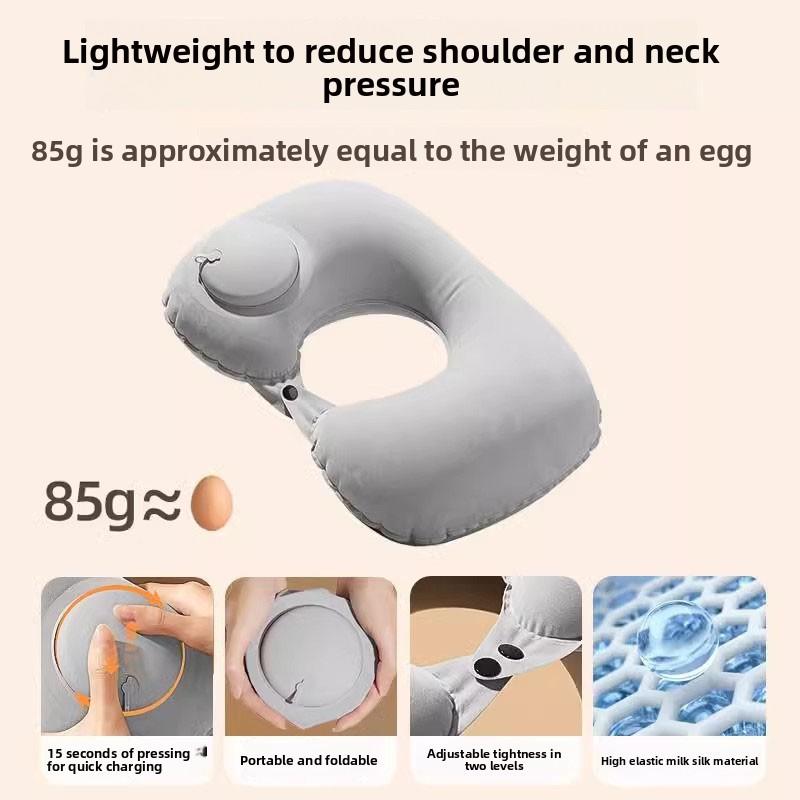 Press Inflatable U-Shape Neck Pillow, 30-Second Fast Inflation Portable Foldable for Travel Office Car, Ergonomic Support •