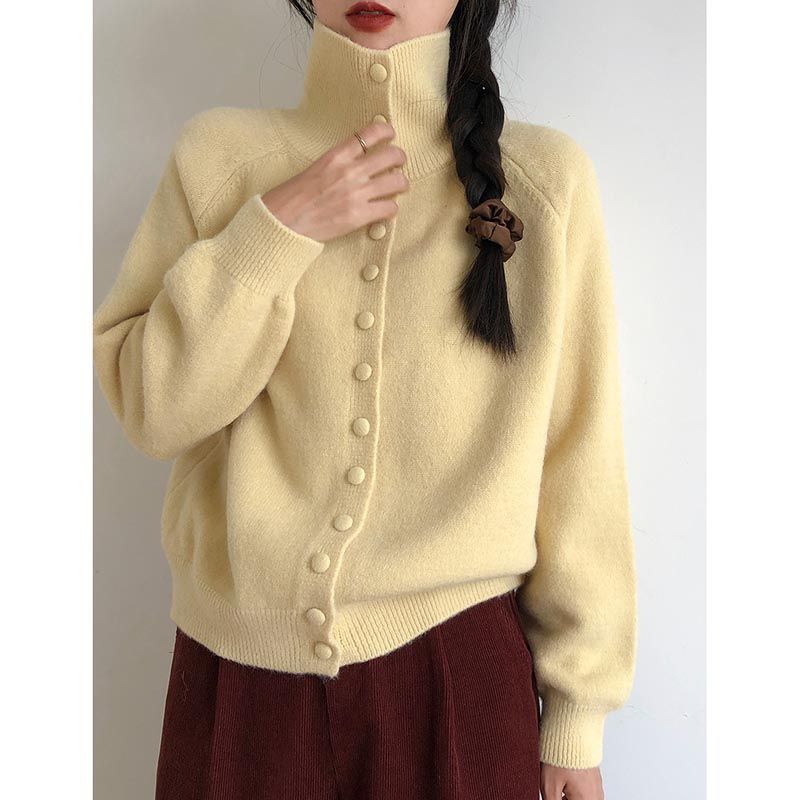 Soft Comfortable High Neck Sweater Cardigan Women Simple Single Breasted Cardigans Coat Autumn Solid Knitted Outerwear Lady