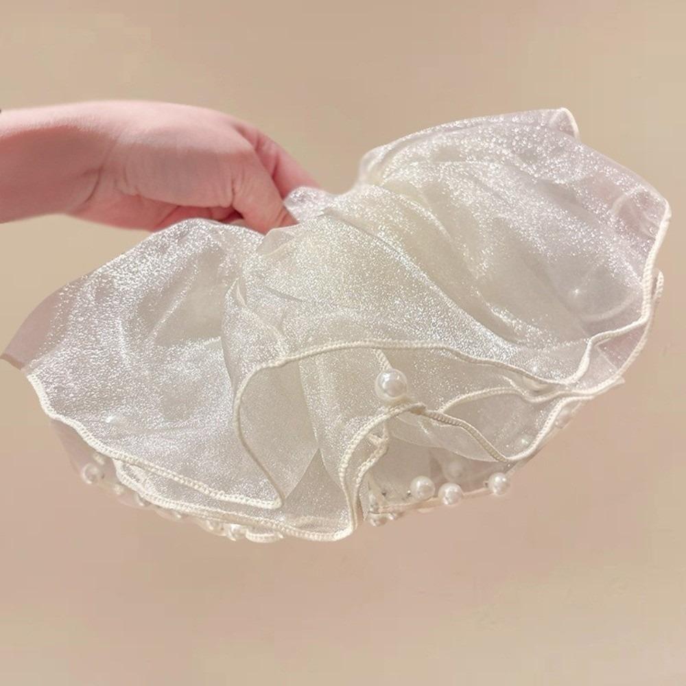 Pearl Large Organza Scrunchies Hair Bands Hair Ties Ponytail Holder Gentle Elastic Oversize Chiffon Scrunchies Bun Hairstyle