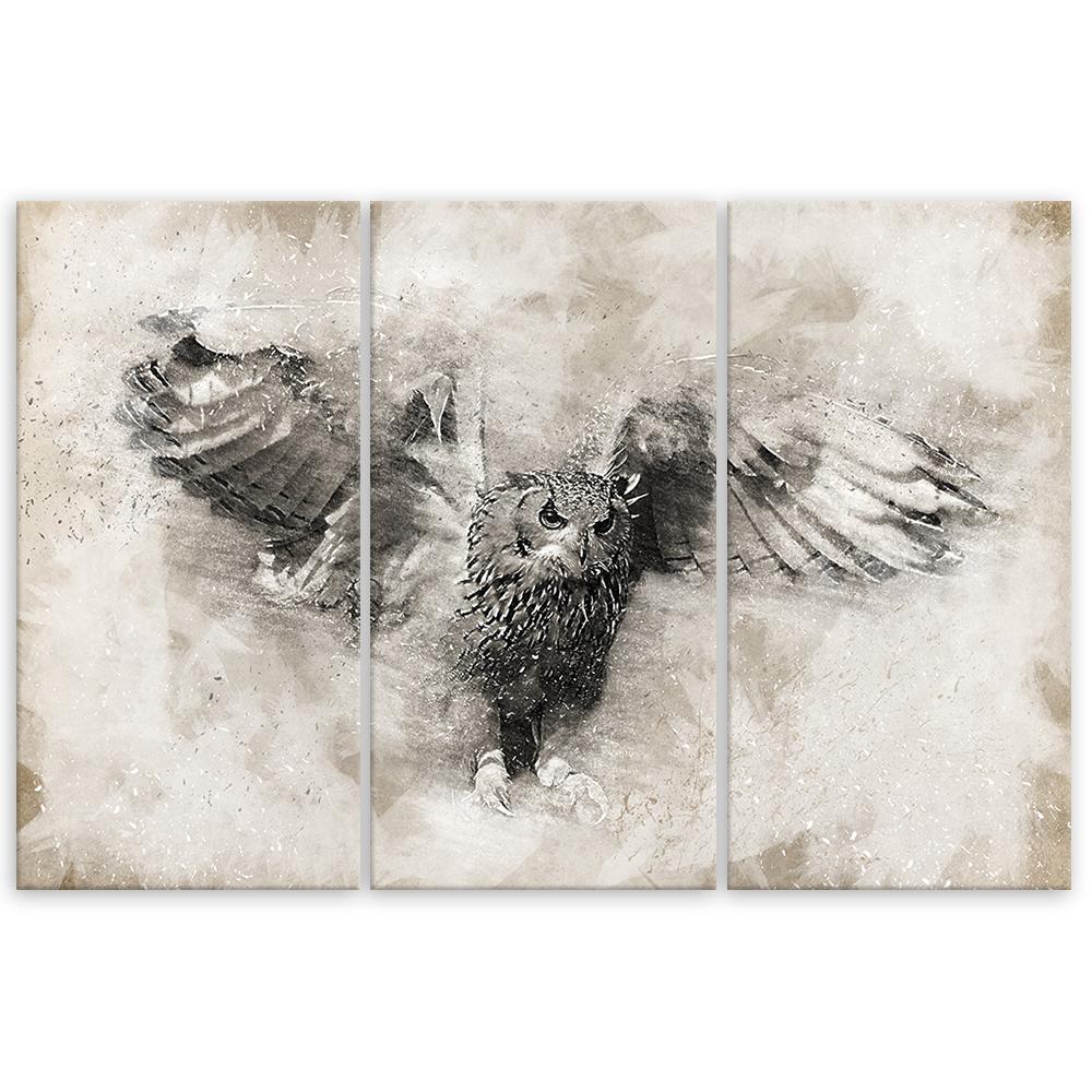 Three Piece Picture Canvas Print Owl Birds Grey Vintage