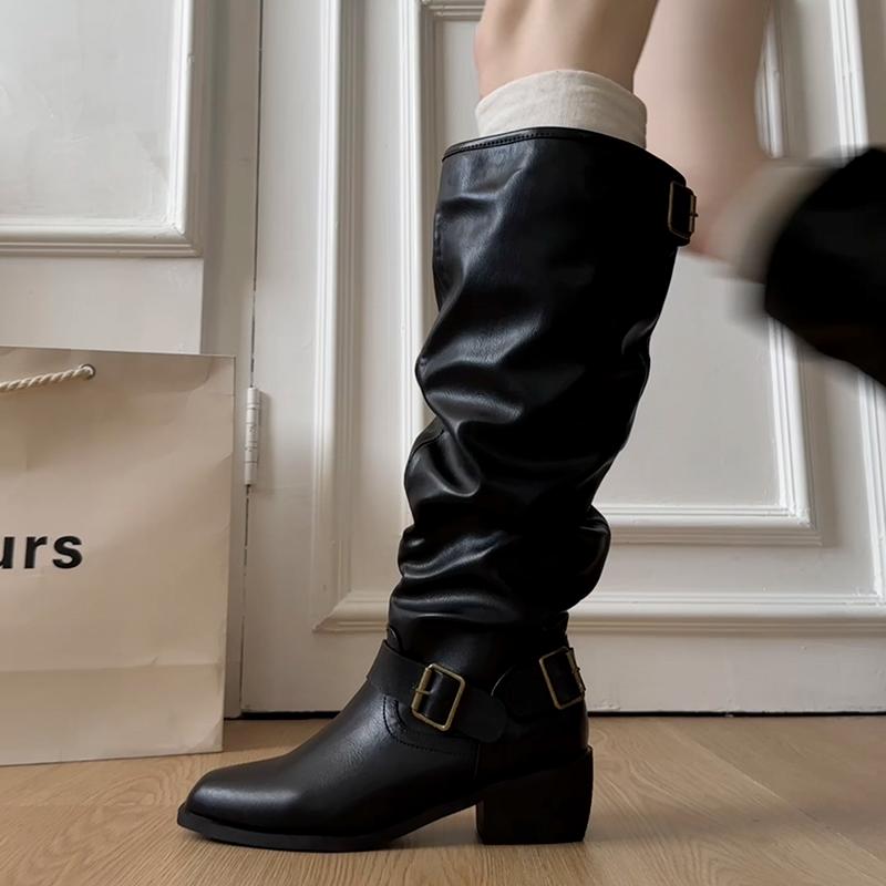 Autumn Winter Pointed Toe Pleated Women Knee High Boots Square Heels Long Booties  De Mujer