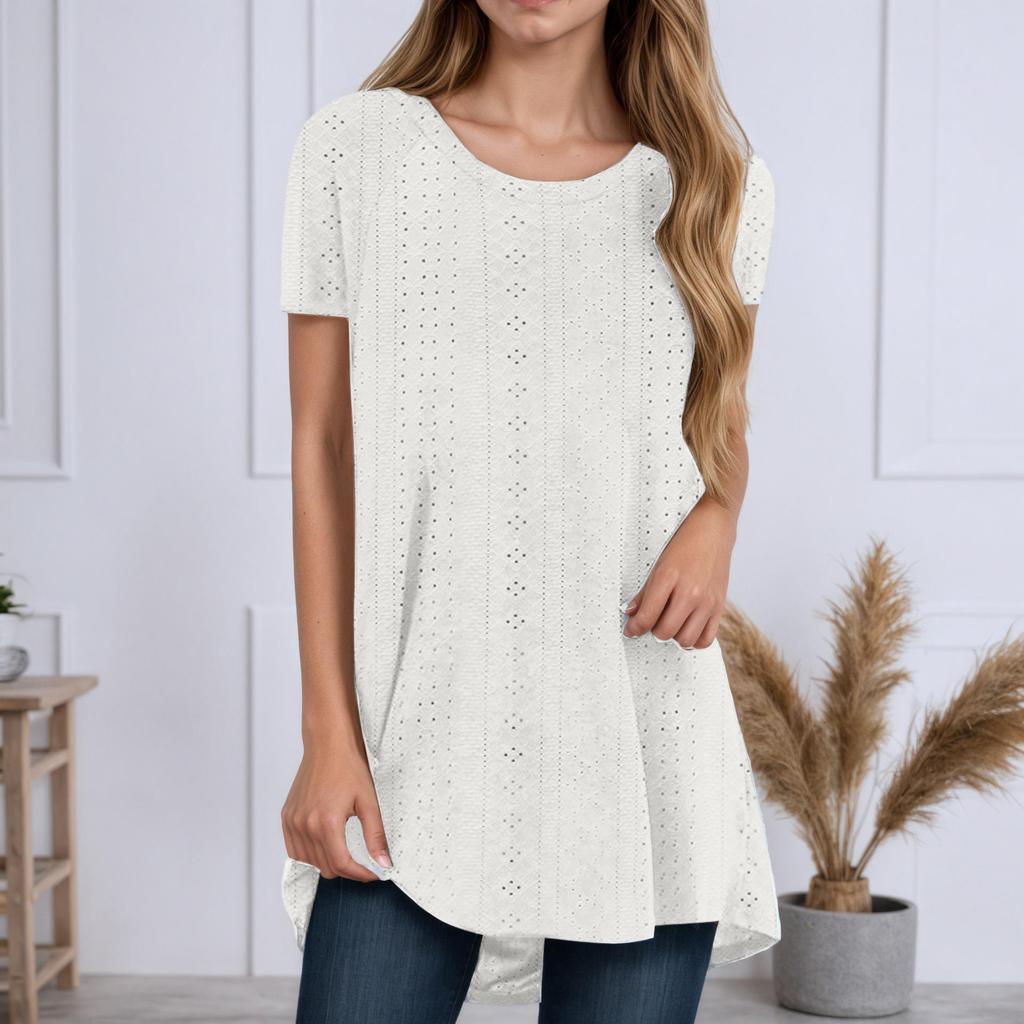 2025 Summer Round Neck Short Sleeve Irregular Hem Loose Cutout T-shirt