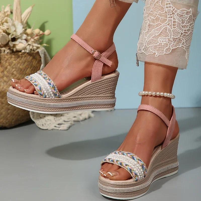 Crystal Weave Wedge Heels Sandals Women 2025 Comfort Thick Sole Platform Summer Shoes Woman Ankle Strap Chunky Sandalias Mujer