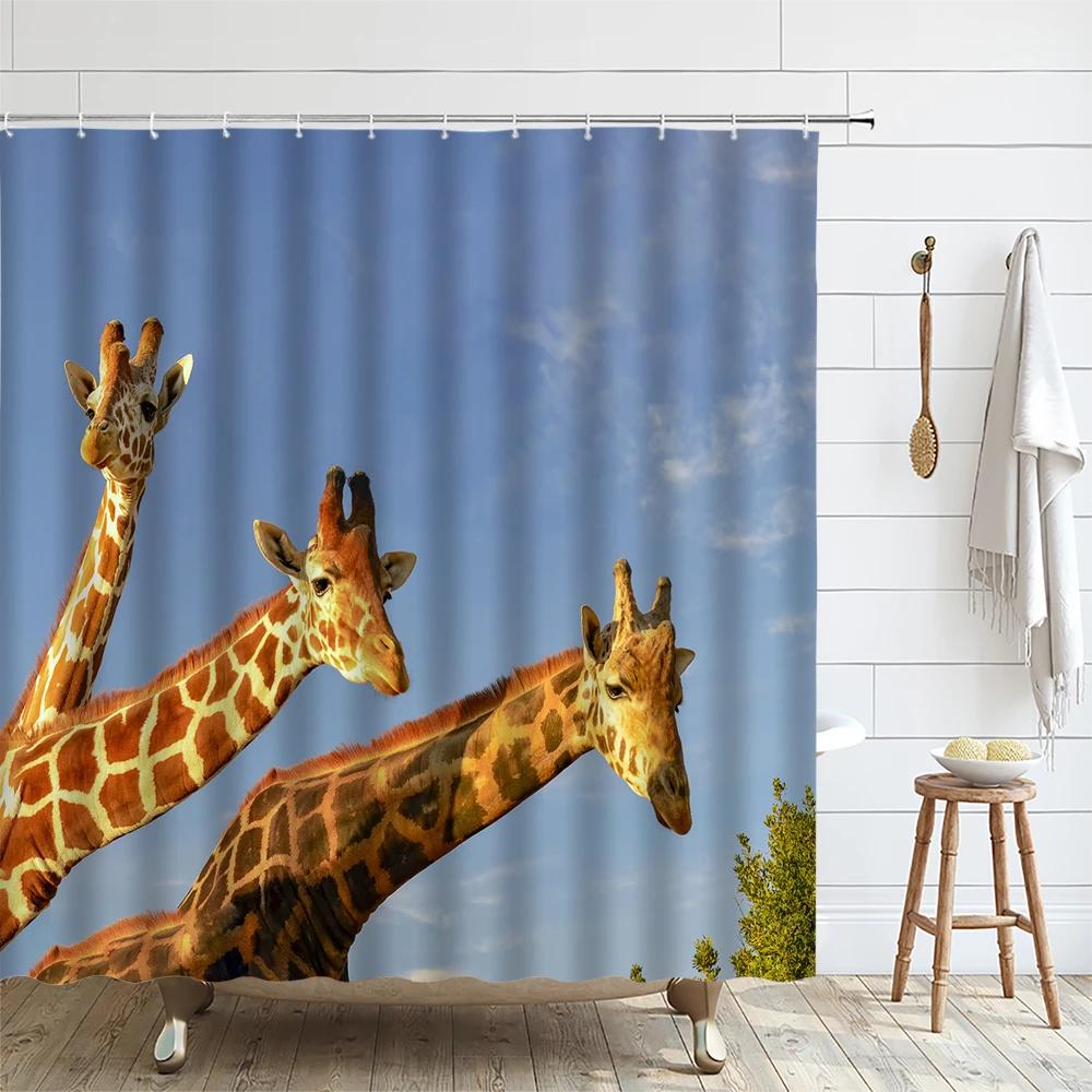 Funny Animal Shower Curtain Giraffe African Wildlife Kid Boy Bath Curtains Modern Waterproof Fabric Bathroom Decor With Hooks
