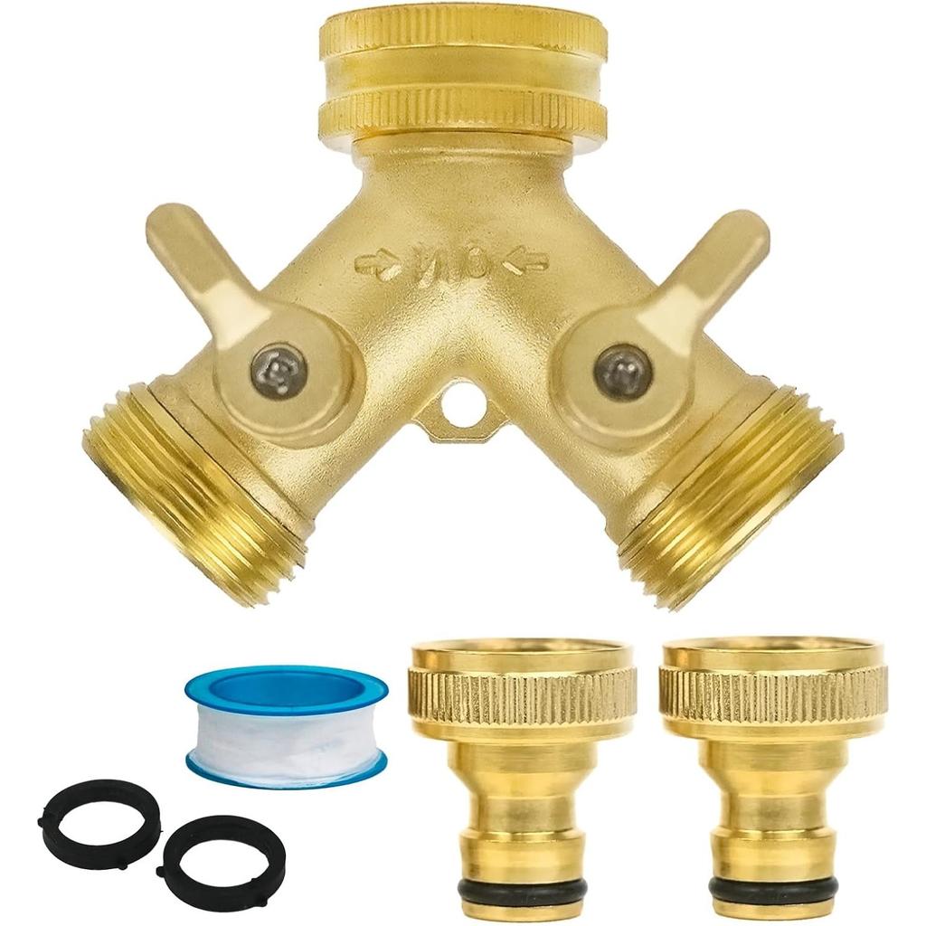 2 Way Brass Garden Tap Splitter, Double Way 3/4" Garden Hose Splitter Y Valve with Quick Individual On/Off Splitter Connector for Outdoor