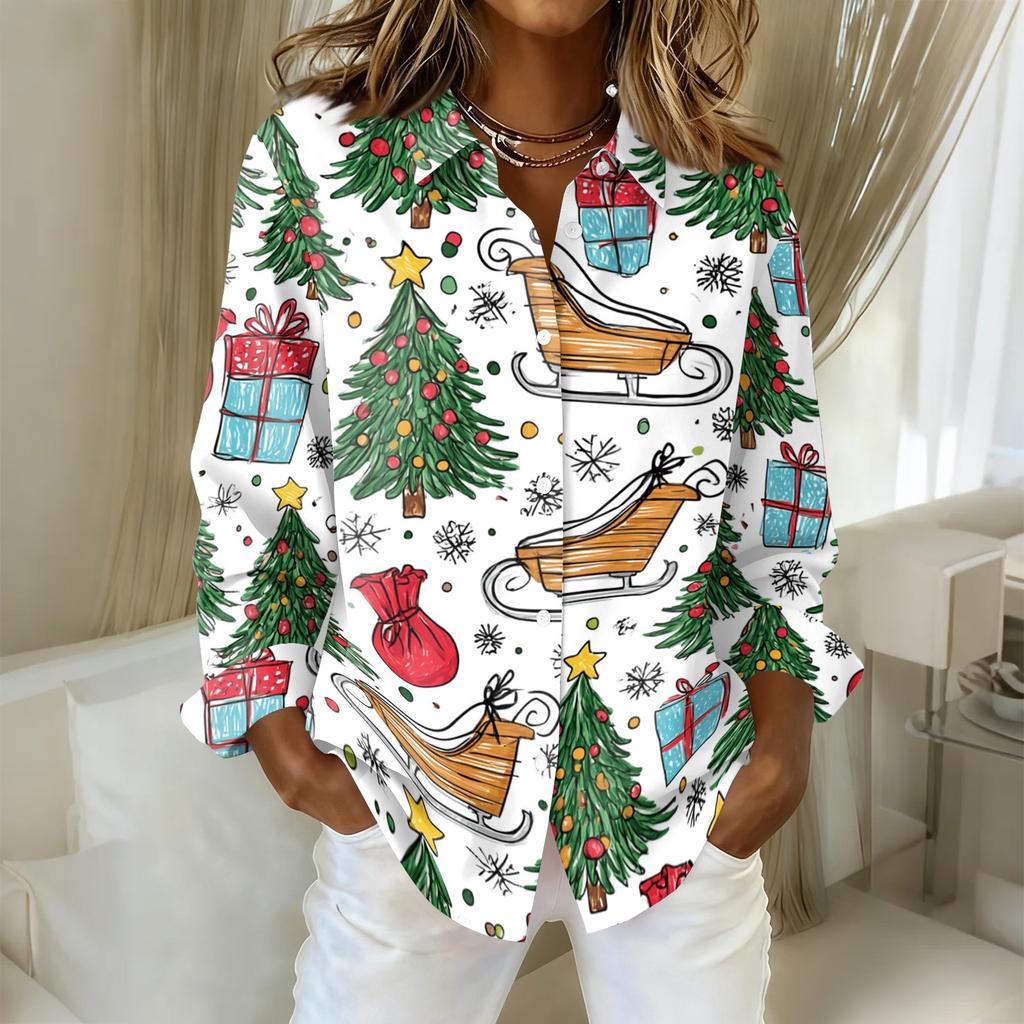 Women's Casual Christmas Print Long Sleeve Cardigan Top for Holiday Festive Wear