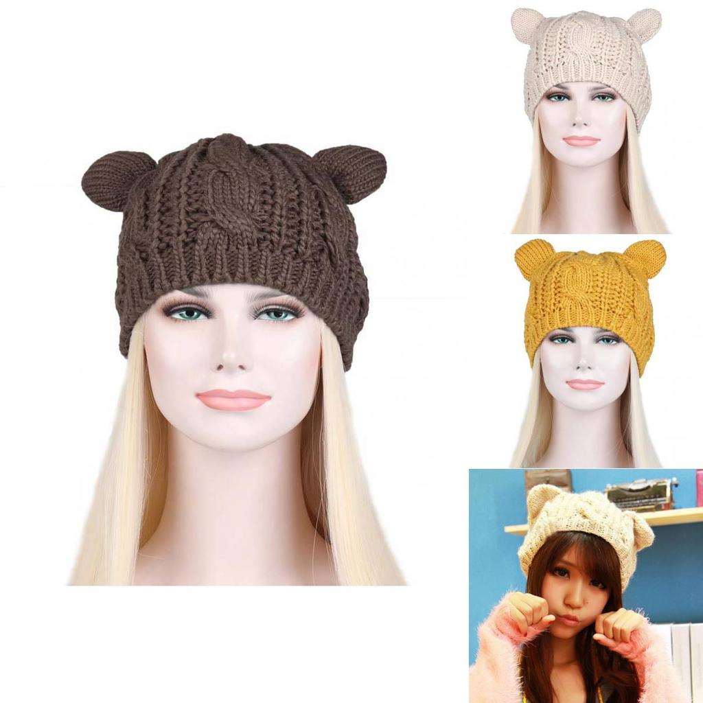 Adorable Cat Ear Knit Beret Cozy Warm Icelandic Wool Winter Hat For Women