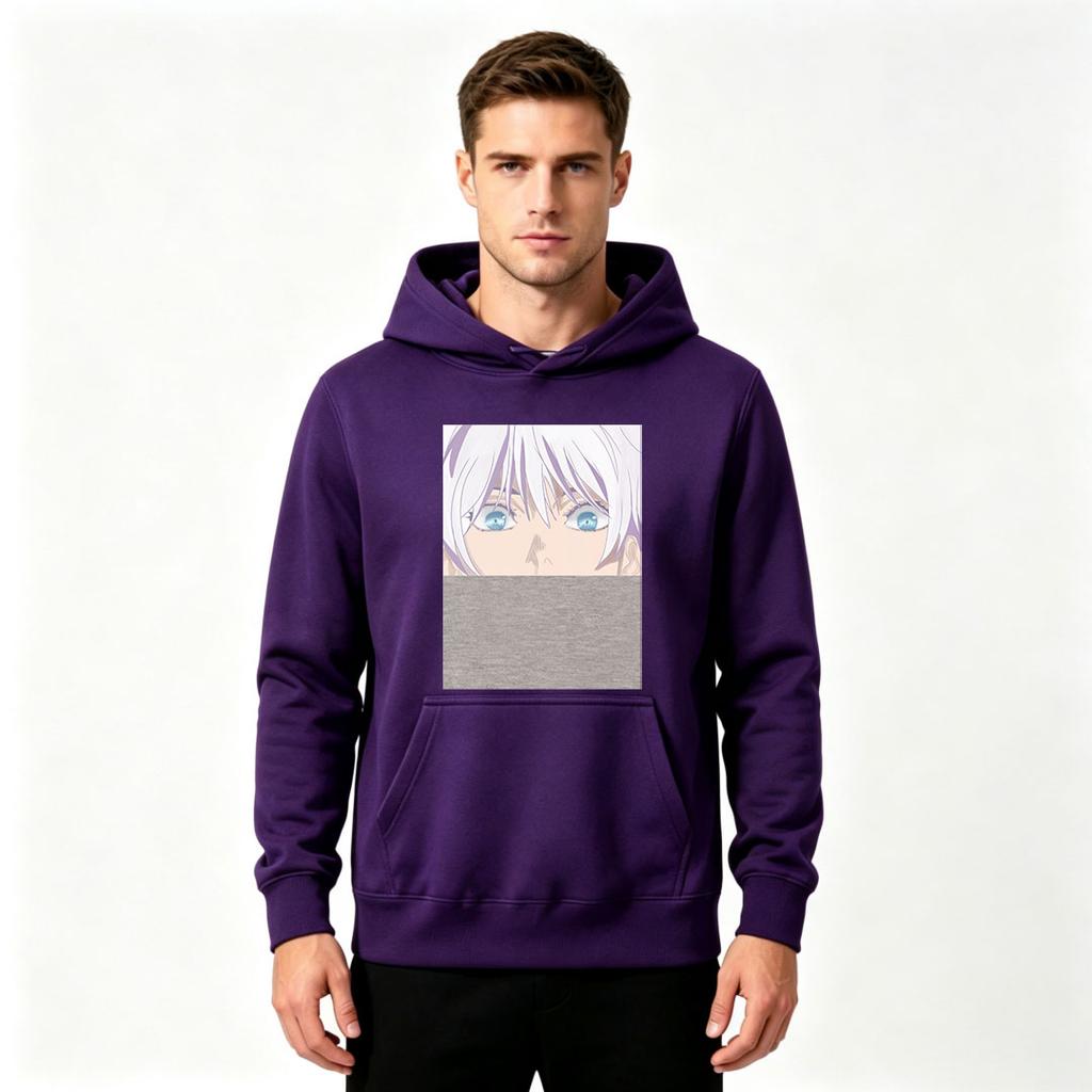 Men Anime Blue Eyes Character Print Pullover Hoodie Casual Long Sleeve Sweatshirt for Daily Wear