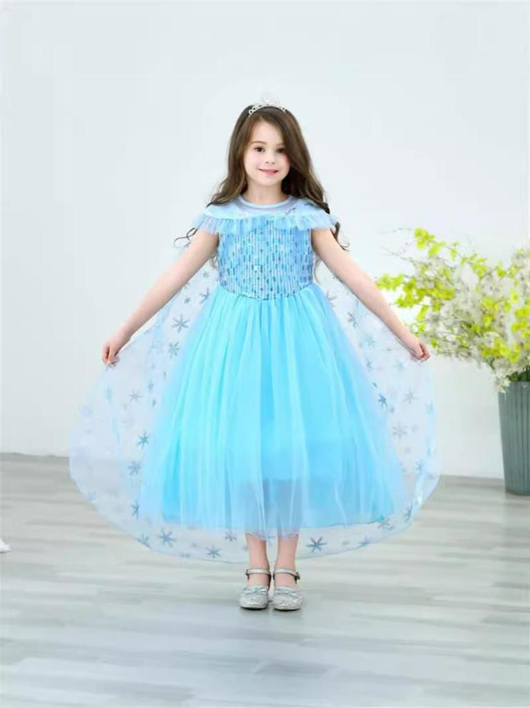 Elsa Princess Dress for Girls - Frozen-Inspired Summer Gown with Gauze Skirt & Cape, Festival Formal Dress with Accessories