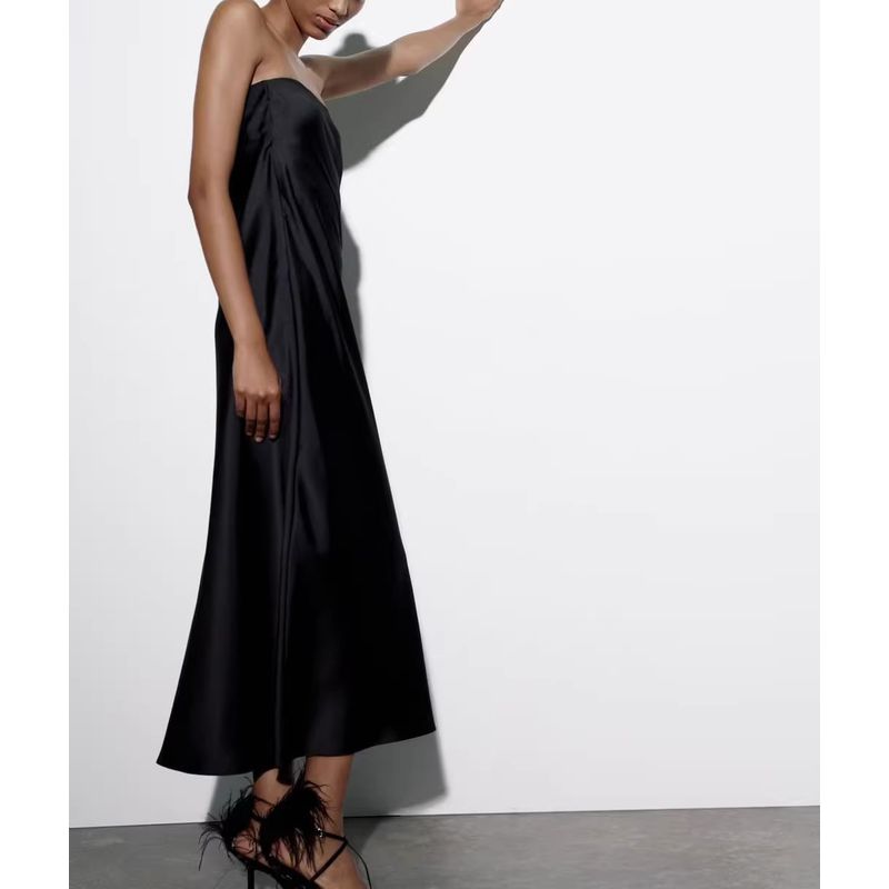 Summer French Suit Tube Top Silk Satin Texture Black Dress