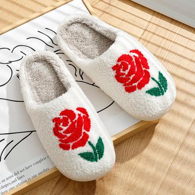 Pantoufles pour femmes Maison Broderie Rose Flou Romantique Amour Cadeaux pour Petites Amies Hiver Intérieur Antidérapant Confortable Chaussons