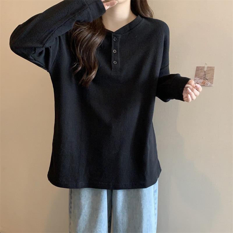 

Вафельный длинный свитер женский сезонный свободный и тонкий в гонконгском стиле без капюшона с длинными рукавами топ куртка 2XL чёрный