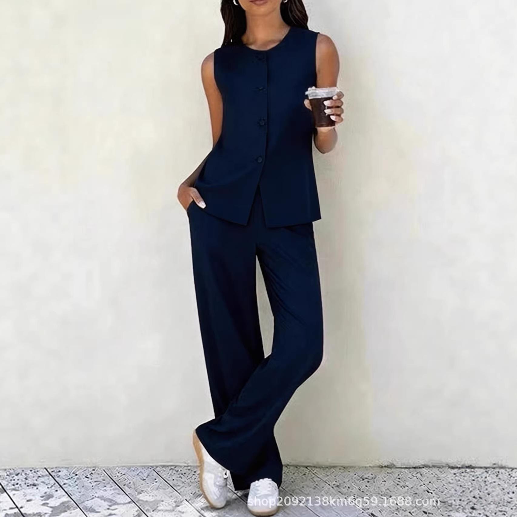 2026 Cross-border e-commerce foreign trade import and export European and American women s clothing, temperament fashionable sleeveless suit straight S тёмно-синий