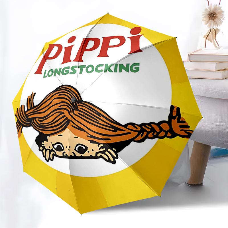 Pippi Langstrumpf Themen-ReiseregenSchirm - 8 Rippen, Automatisches Öffnen und Schließen, Tragbares FaltDesign, Kompakter und Stilvoller Schirm Geeignet
