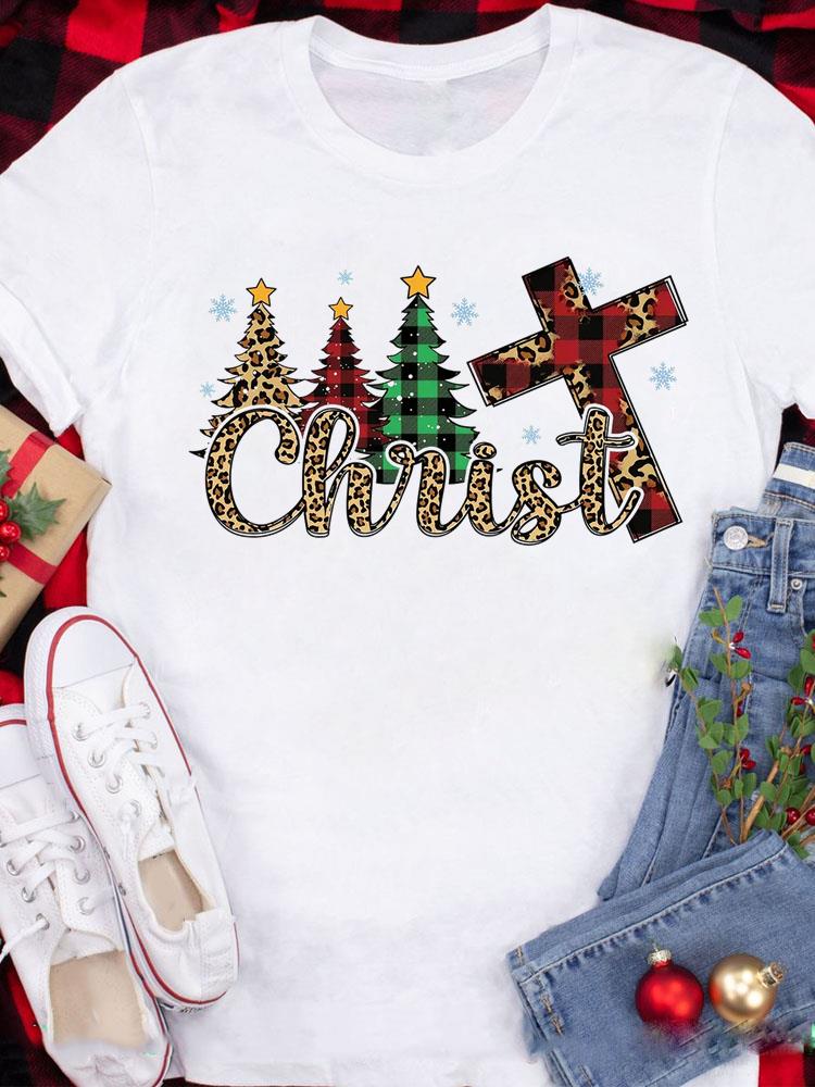 (Asian Size) Tee Top festival  Merry Christmas New Year Holiday Casual tree cute 90s Women Print Lady Short Sleeve Fashion Graphic T-shirts