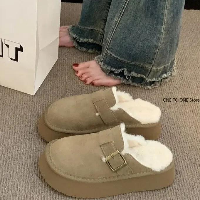 Fashion Shoes Woman 2025 Round Toe Clogs Platform Loafers Fur Female Footwear New Winter Creepers Dress Rubber Med Fabric Snow Boots Sli