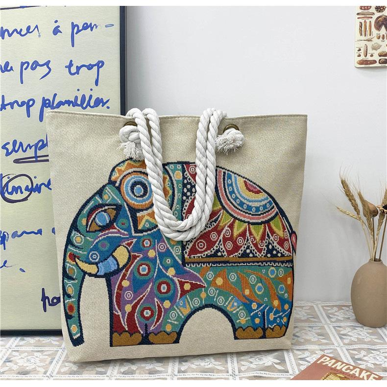 Etnisk stil elefantbroderad damväska hampa rep axelrem broderad mammapåse picknickväska axelväska messengerväska