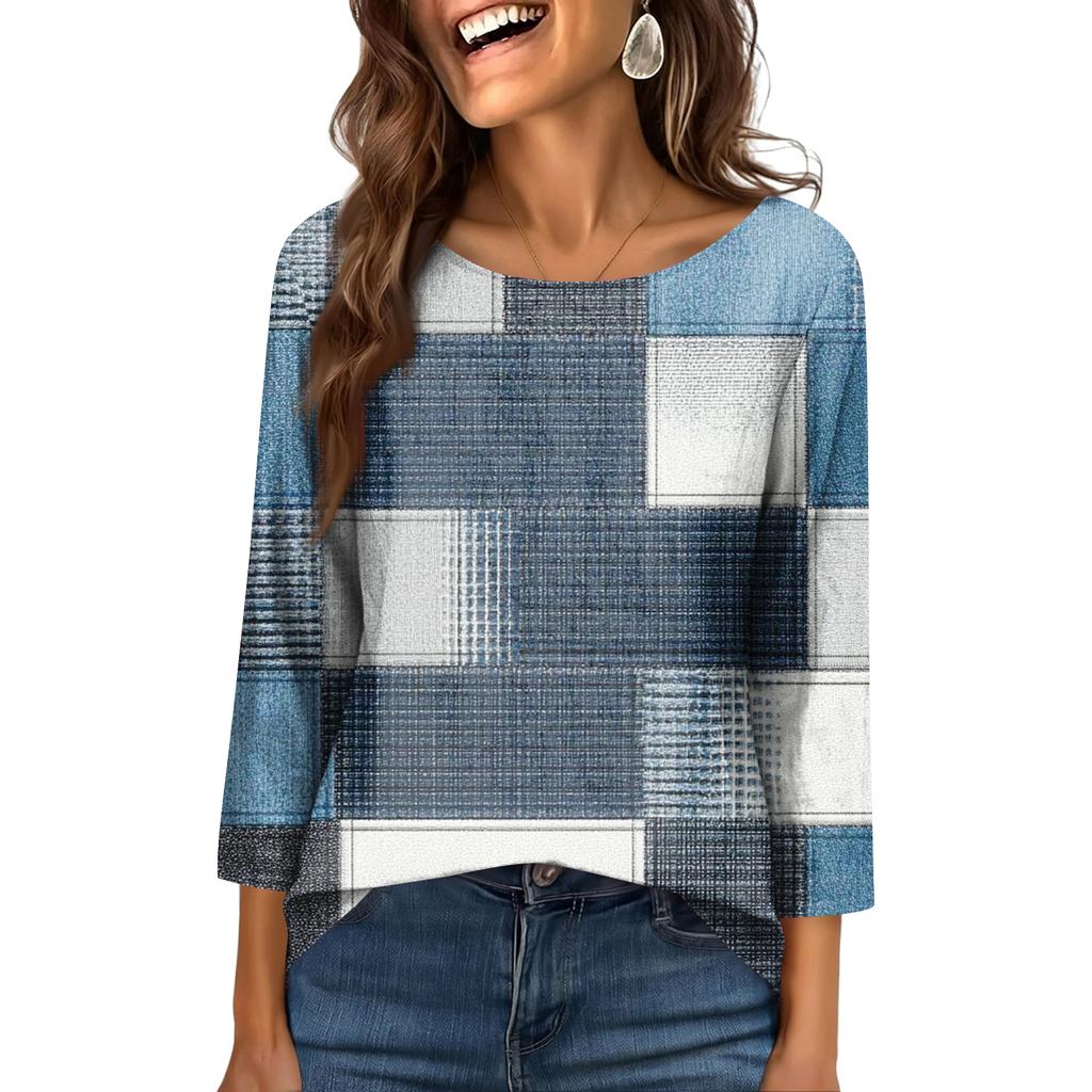 Women's Fashionable Casual Round Neck  3/4 Sleeve  Printed T-Shirt Top