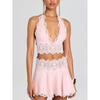 2026 Pink Lace Two-Piece Set Deep V-Neck Backless Crop Top High Waist A-Line Skirt Sweet Style