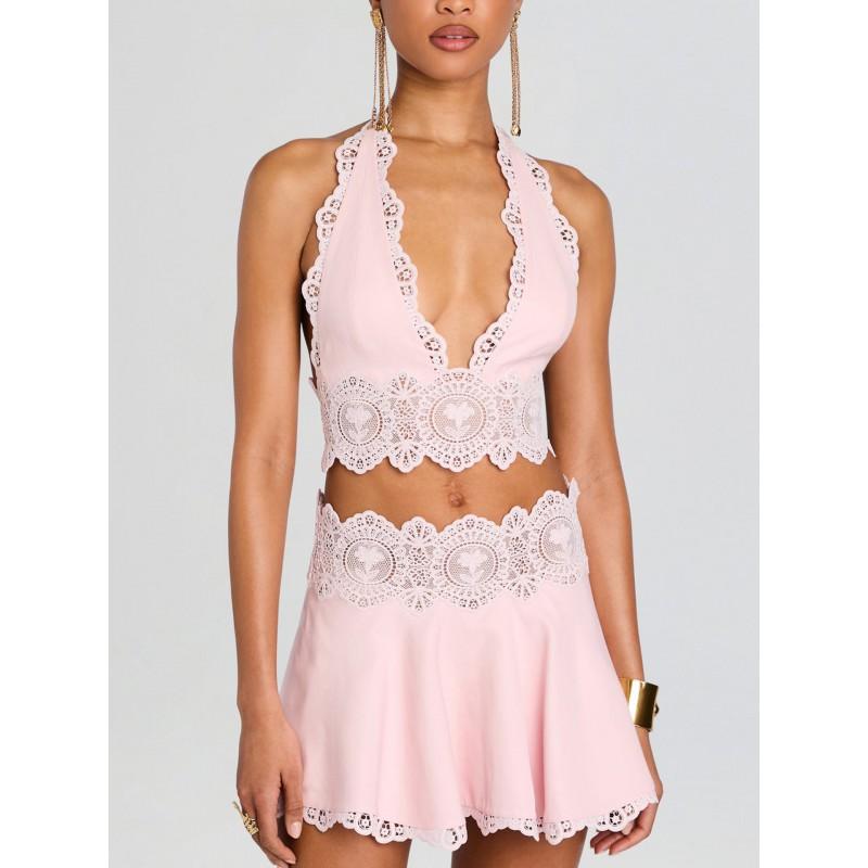 2026 Pink Lace Two-Piece Set Deep V-Neck Backless Crop Top High Waist A-Line Skirt Sweet Style