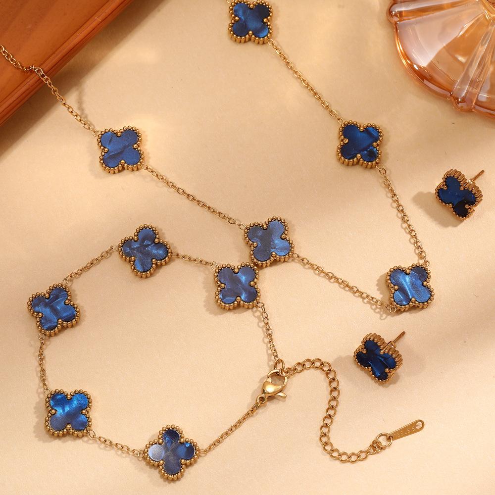 

3 шт. титановая сталь не выцветает двухсторонний клевер набор ожерелье женская мода темперамент ключица цепочка браслет комплект серег