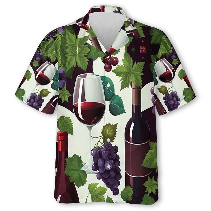 ETST51 3D Print Mousserende Wijn Grafisch Hawa&iuml;aans Shirt Voor Mannen Zomer Korte Mouw Champagne Knopen Beach Shirt Mannen Blouse Tops 3XL