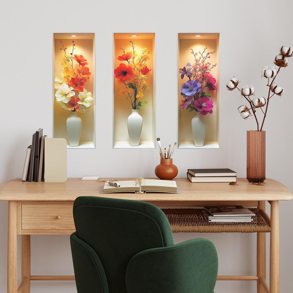 Artificial Flower Potted Plant Triptyl Stickers for Beautifying The Living Room and Dining Room Walls