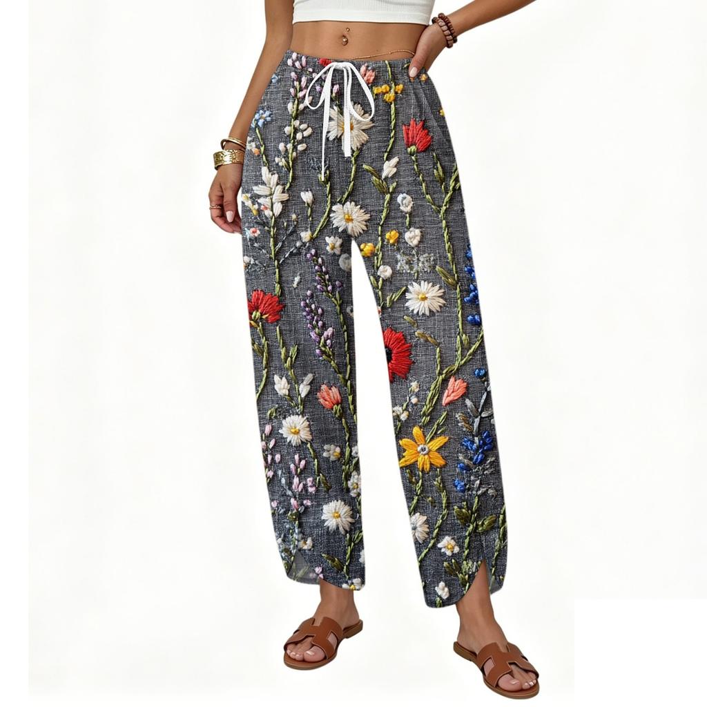 Womens Loose Drawstring Wide Leg Pants 2025 Summer Elastic Waist Casual Straight Leg Floral Print Lounge Trousers With Pockets