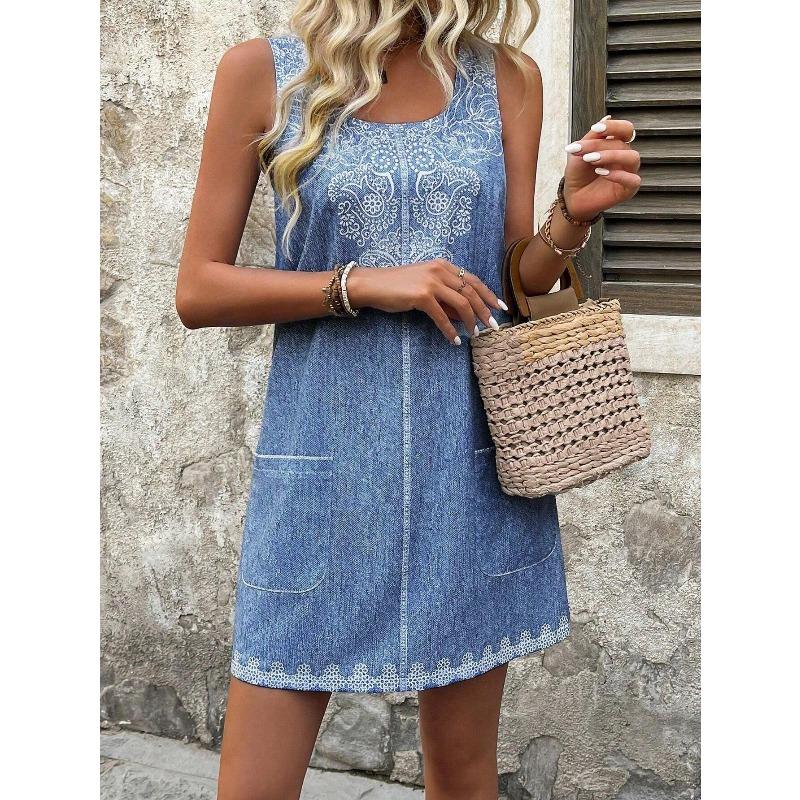 TIFICY Women s Fashion Summer Spring Sleeveless Square Collar Loose Waistline Casual Dresses S